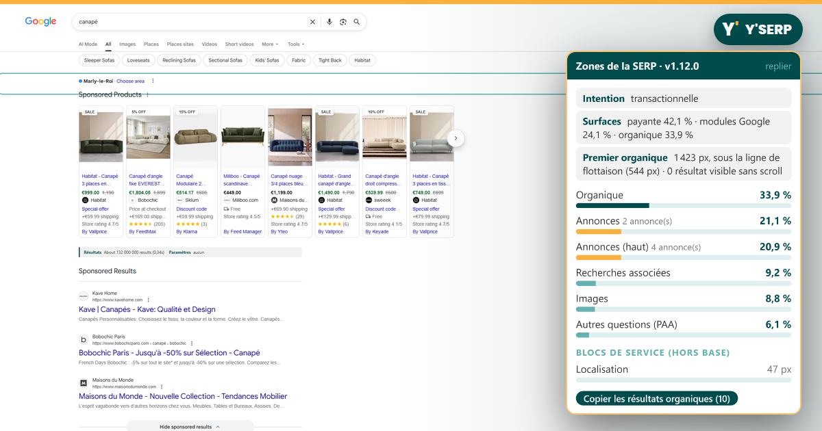 Y'SERP : analyse des zones de la SERP Google et export des résultats