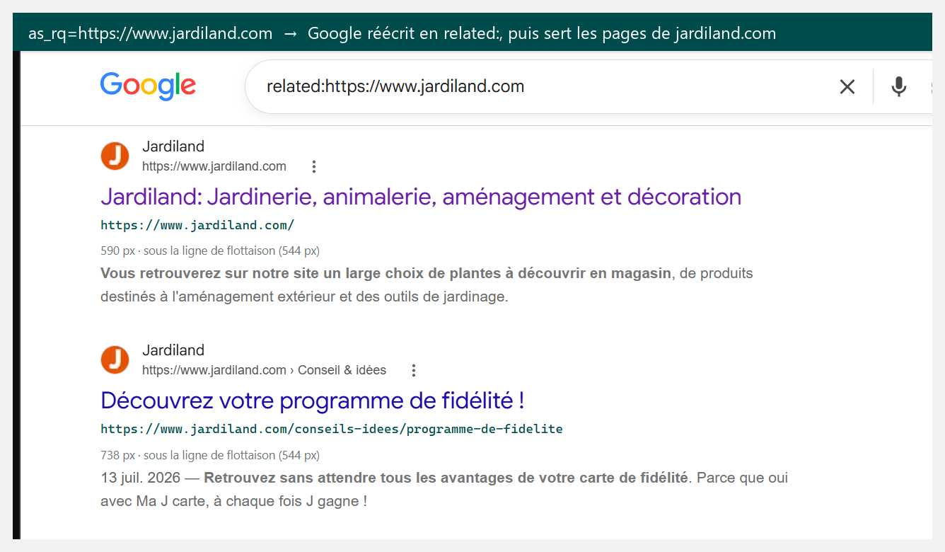 Champ de recherche rempli par related:jardiland.com, renvoyant les pages du domaine