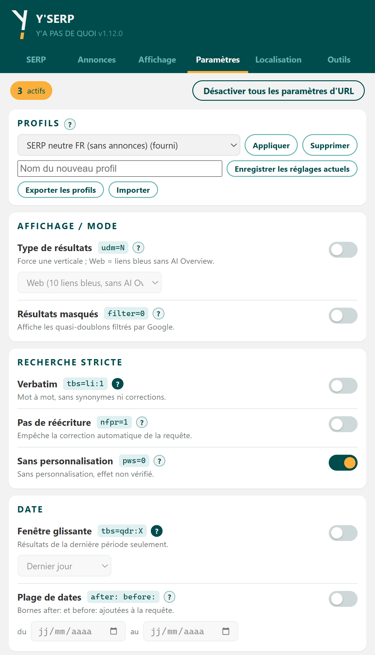 Onglet Paramètres du popup de l'extension Y'SERP