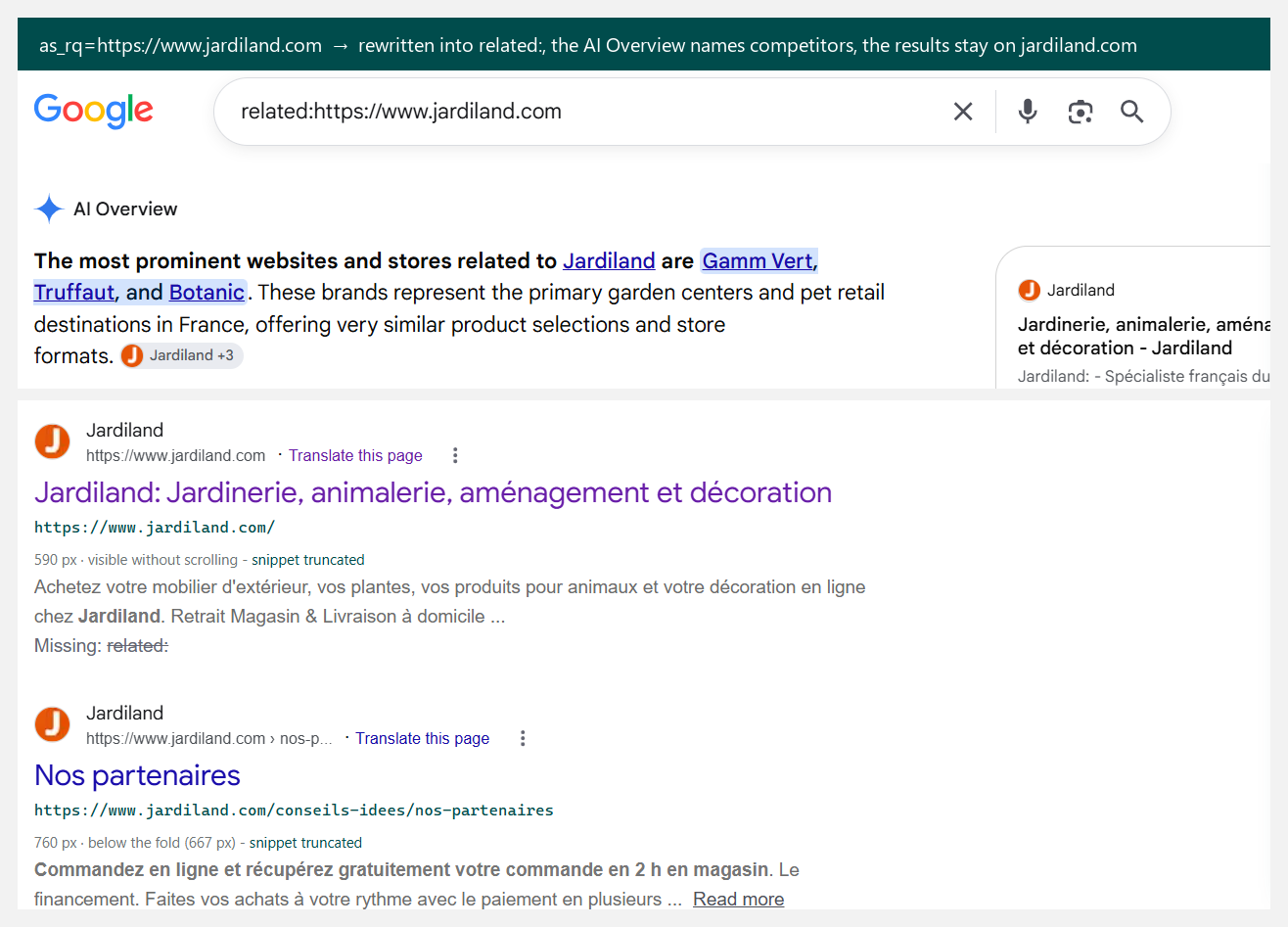 related:jardiland.com in the search box: the AI Overview names competitors, the classic results stay on jardiland.com