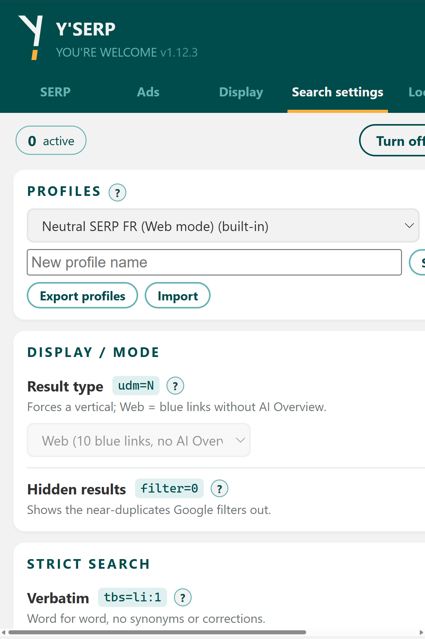 Search settings tab of the Y'SERP extension popup