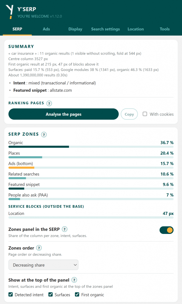 Y'SERP popup, SERP tab: summary, zones of the results page and ads