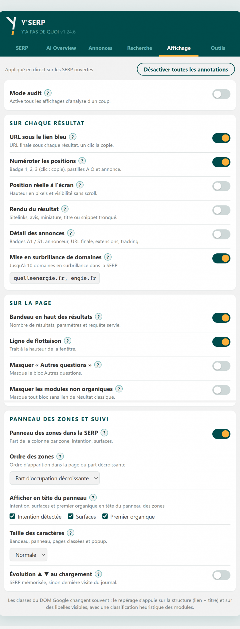 onglet Affichage, haut de l'onglet : cliquer pour la capture complète