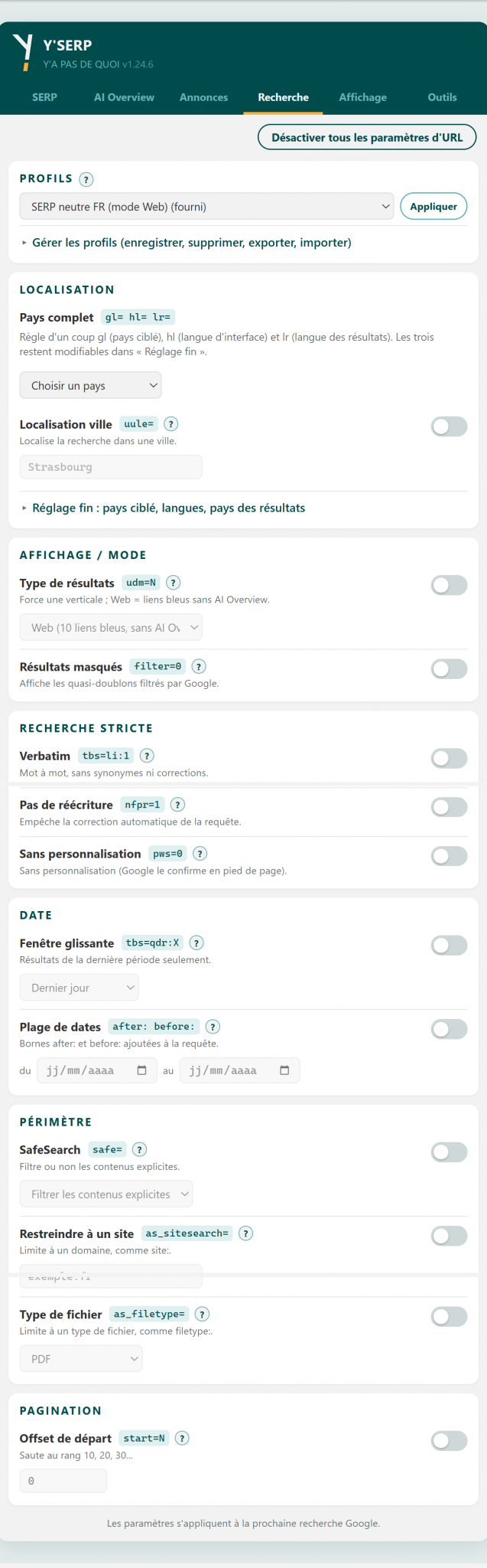 onglet Recherche, haut de l'onglet : cliquer pour la capture complète