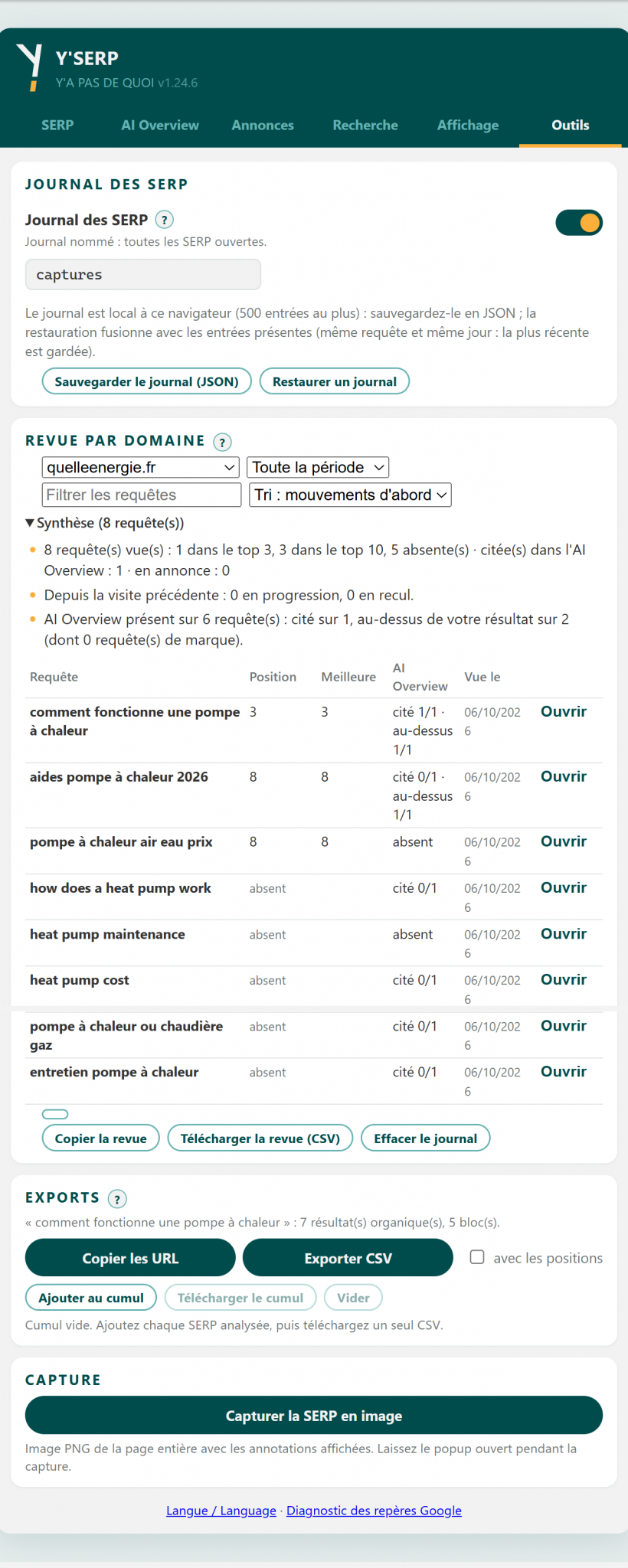onglet Outils, haut de l'onglet : cliquer pour la capture complète